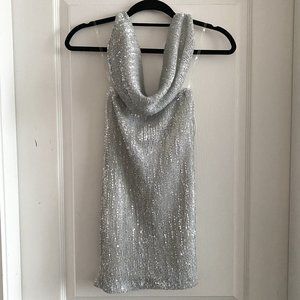 Fashion Nova Halter Cowl Neck Backless Sequence Mini Dress in Silver